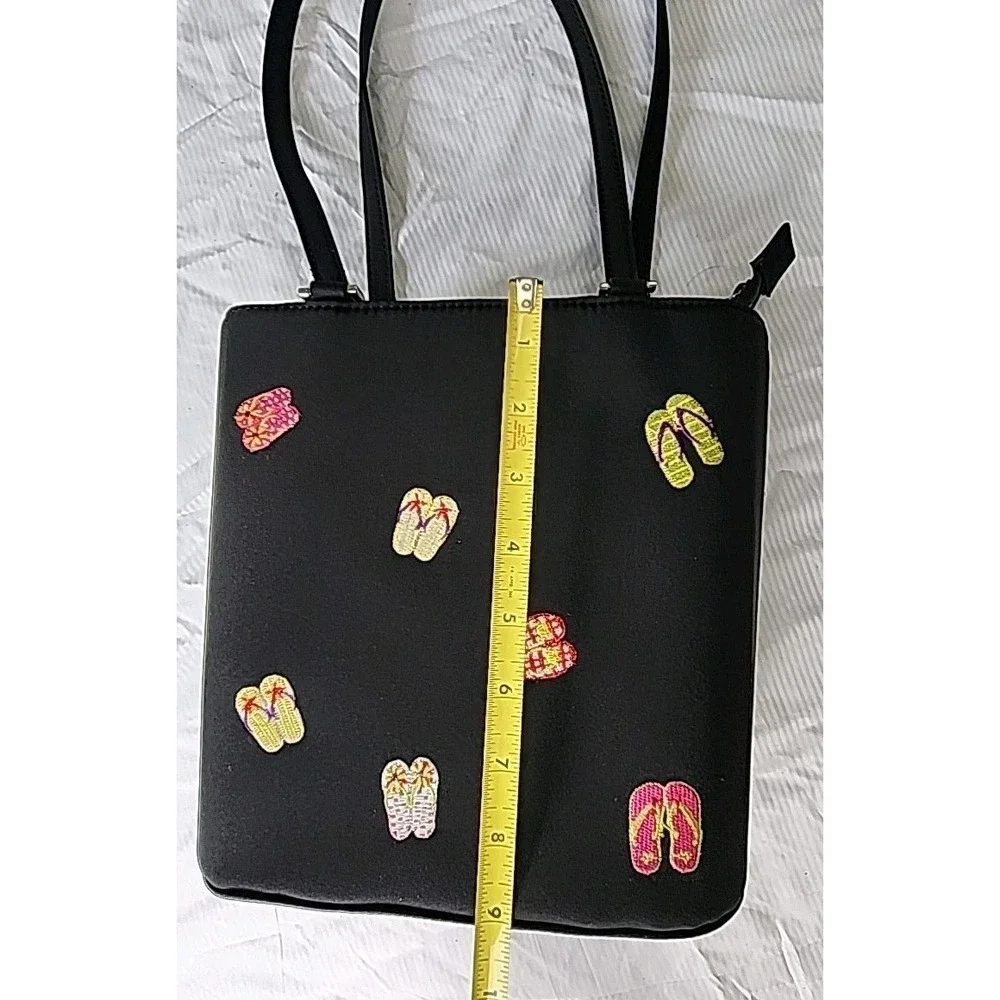 Sandol Living Fashion Handbag Black Fabric w/Embroidered Colorful Flip Flops EUC